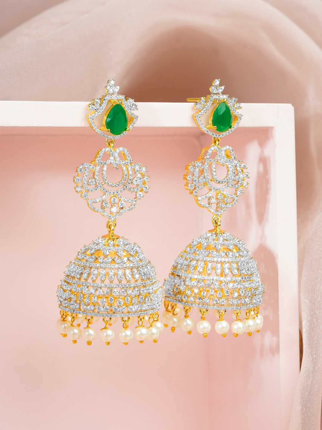 Gold-Plated Cubic Zirconia Emerald Green Jhumka Earrings