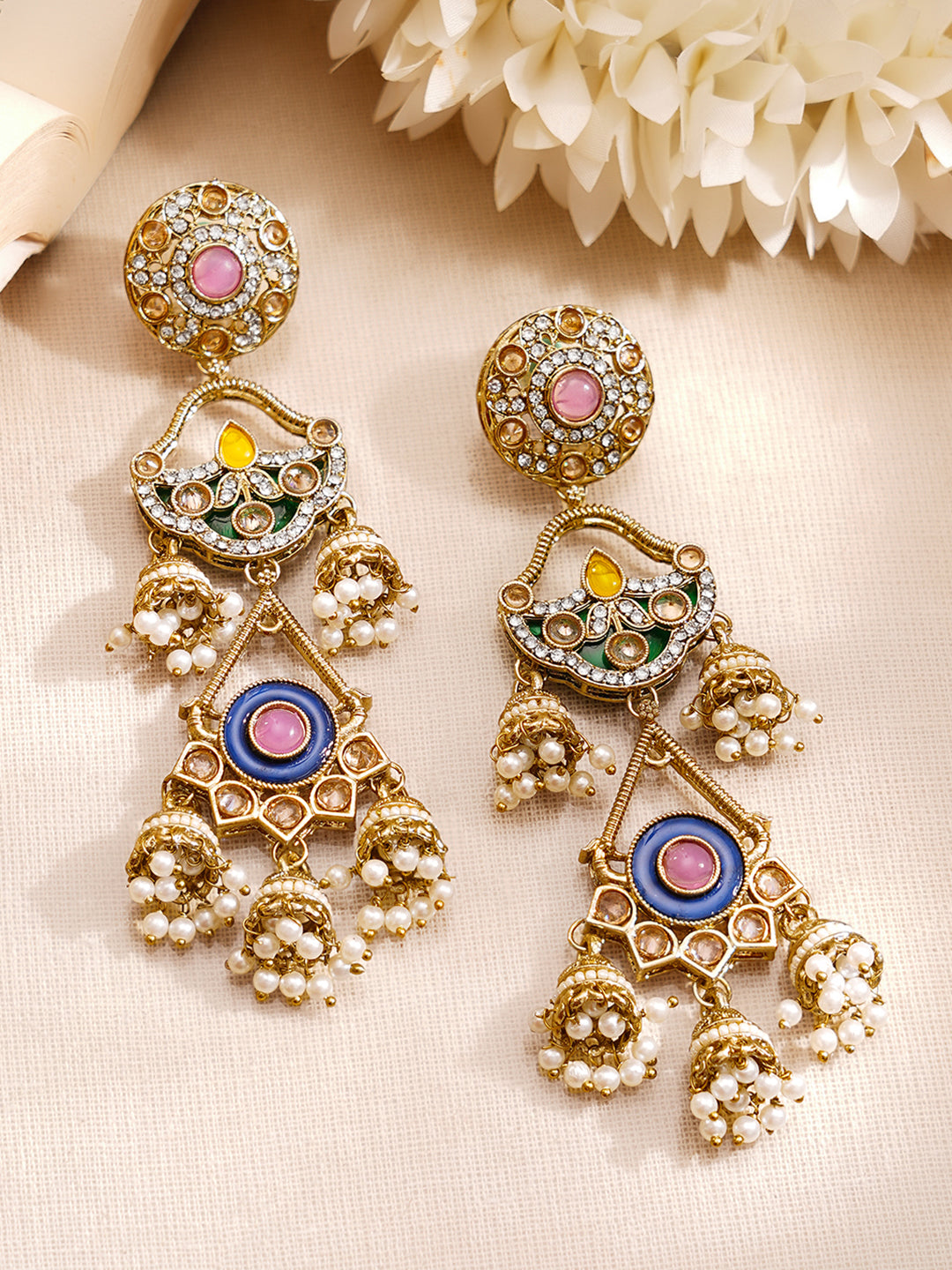 Gold Plated Multi Layered Pearl Drop Dangler Jhumkas