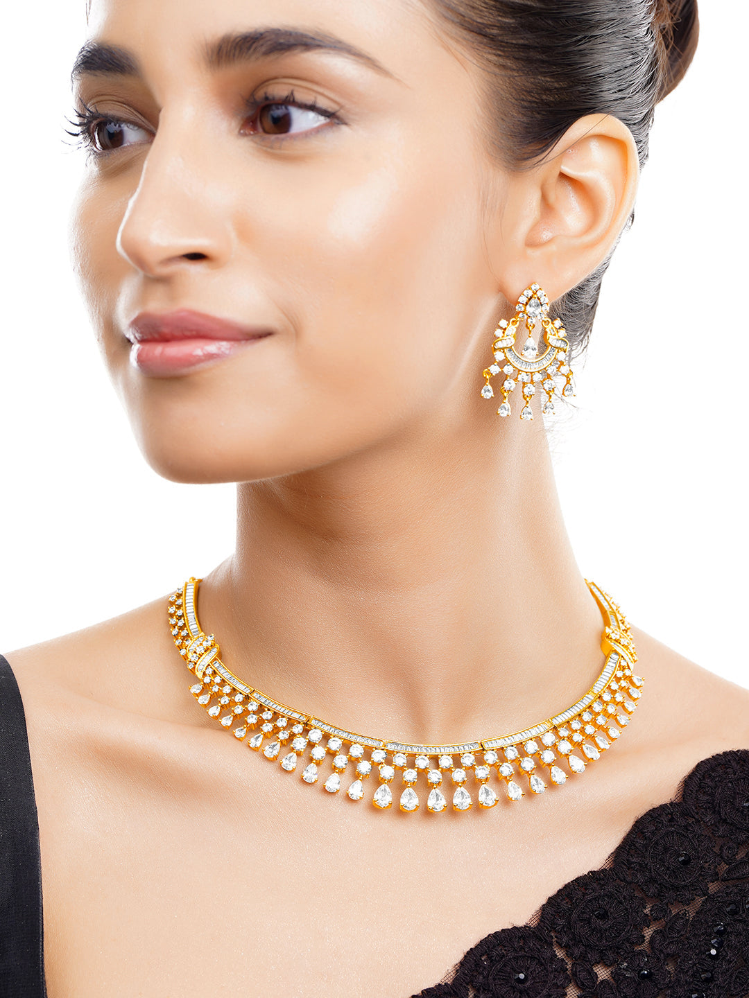 Gold-Plated Cubic Zirconia Designer Choker Necklace & Earrings Set