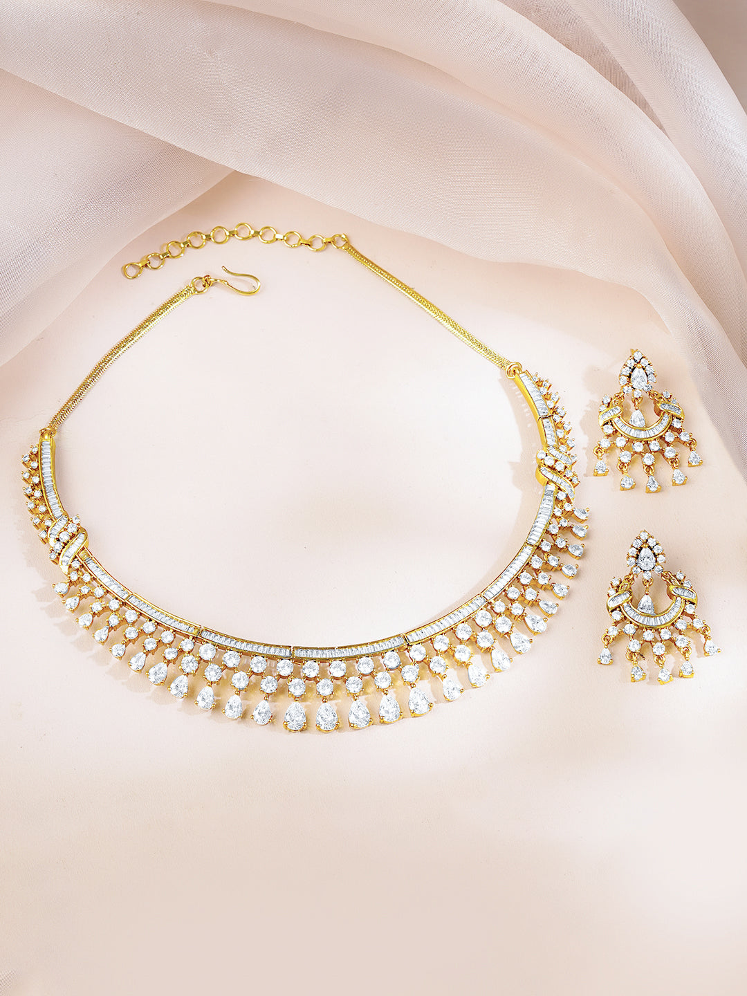 Gold-Plated Cubic Zirconia Designer Choker Necklace & Earrings Set