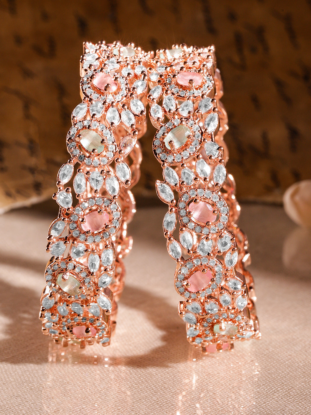Rubans Set of 2 22K Rose Gold-Plated Pastel Pink, Blue & White Cubic Zirconia Studded Premium Bangles