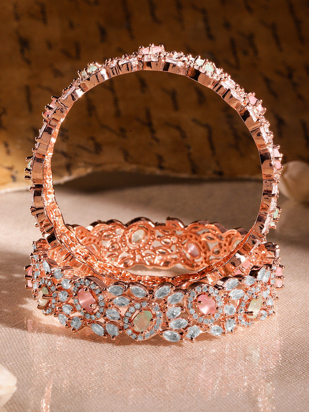 Rubans Set of 2 22K Rose Gold-Plated Pastel Pink, Blue & White Cubic Zirconia Studded Premium Bangles