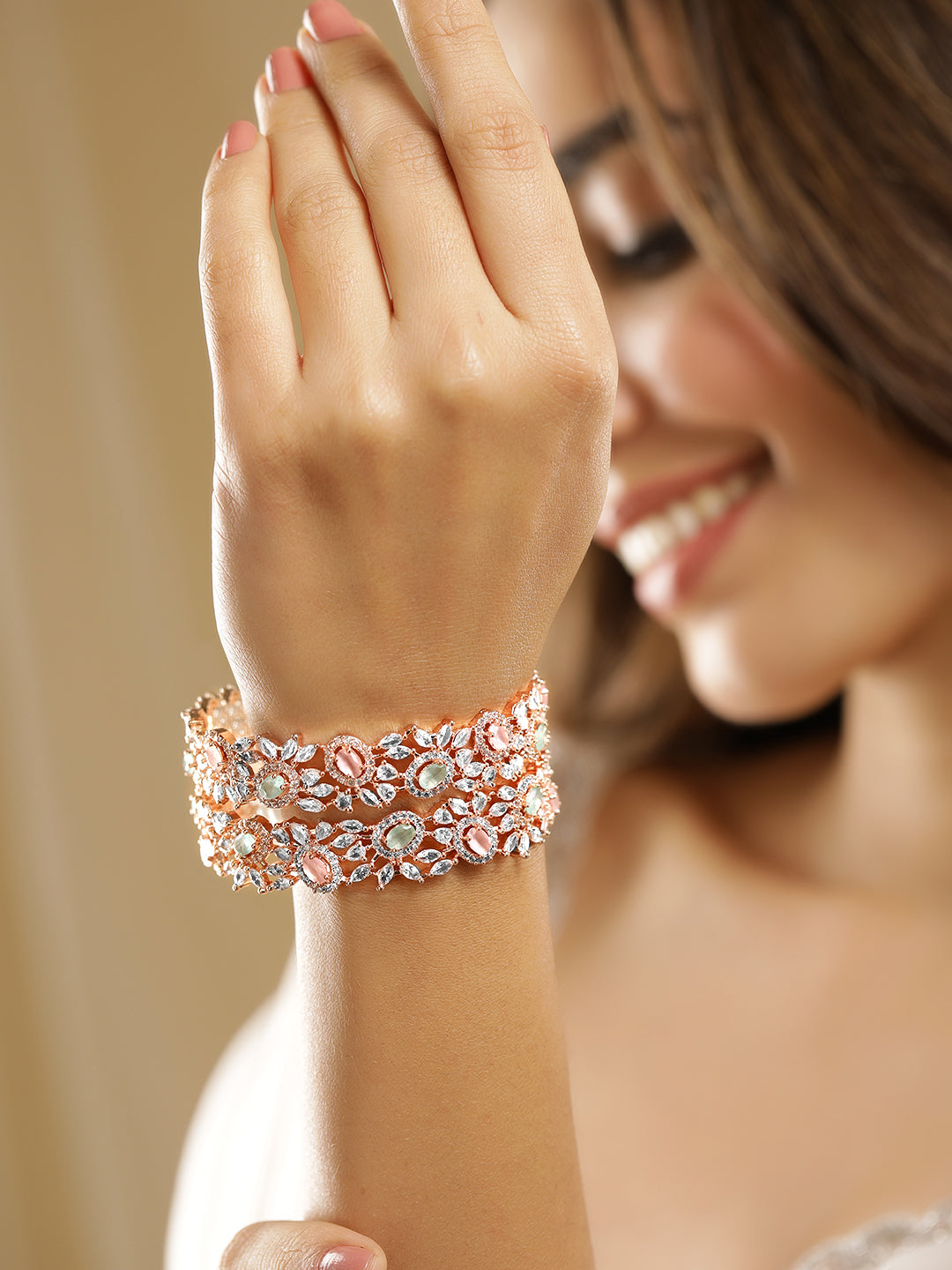 Rubans Set of 2 22K Rose Gold-Plated Pastel Pink, Blue & White Cubic Zirconia Studded Premium Bangles