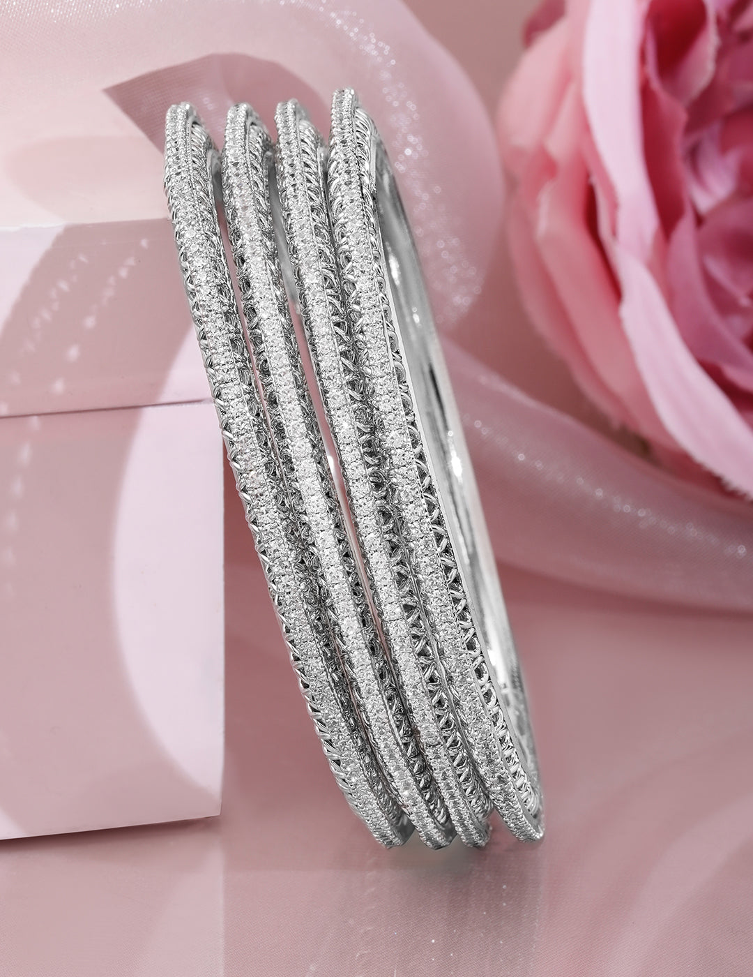 Rubans Set of 4 Rhodium-Plated Cubic Zirconia Studded Bangles