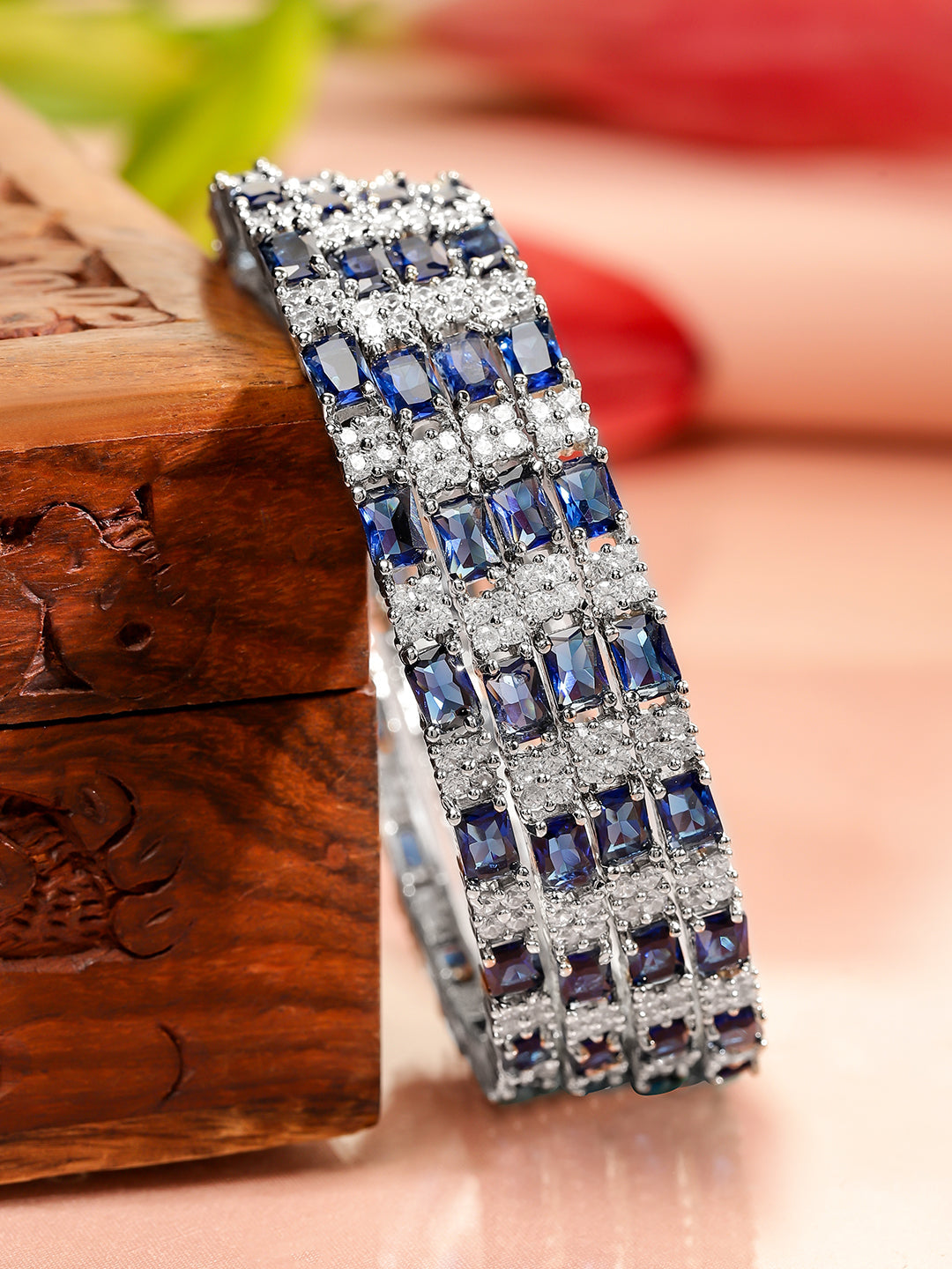 Rubans Set of 4 Rhodium-Plated Blue Sapphire & Cubic Zirconia Studded Premium Bangles