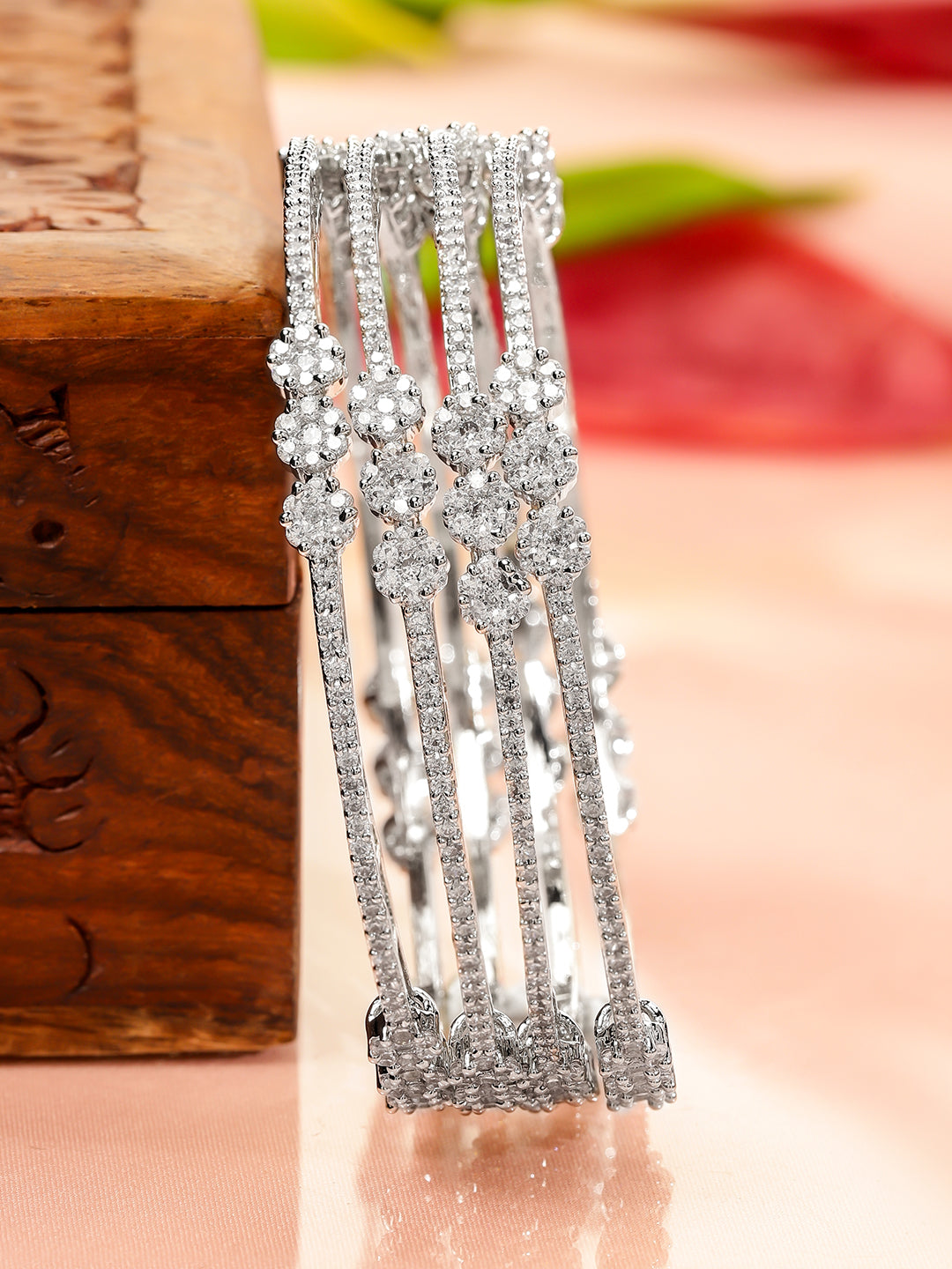 Rubans Set of 4 Rhodium-Plated White Cubic Zirconia Floral Design Handcrafted Premium Bangles for Women