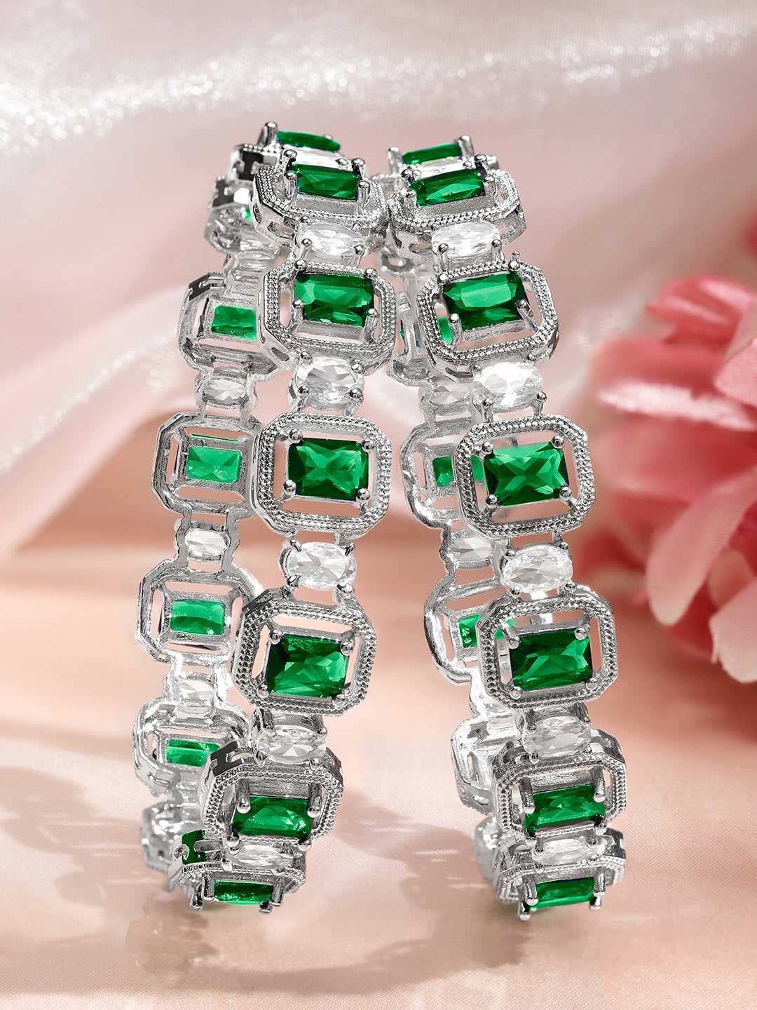 Rubans Set of 2 Rhodium-Plated Emerald Green & White Cubic Zirconia Studded Floral Bangles