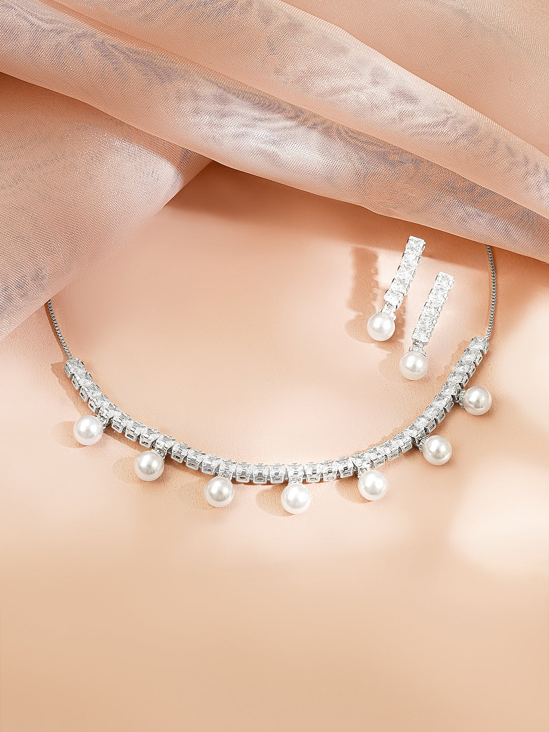 Rhodium Plated American Diamond Pearl Drop Statement Necklace Set