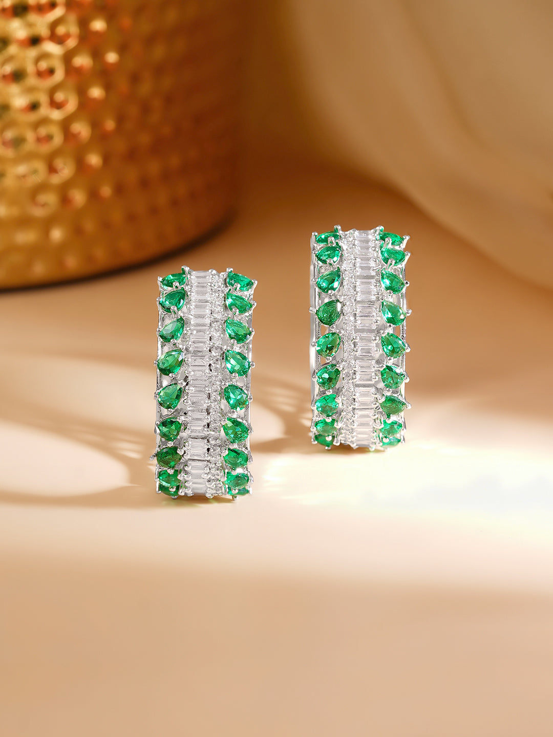 Rhodium Plated American Diamond Zirconia Green Hoop Earrings