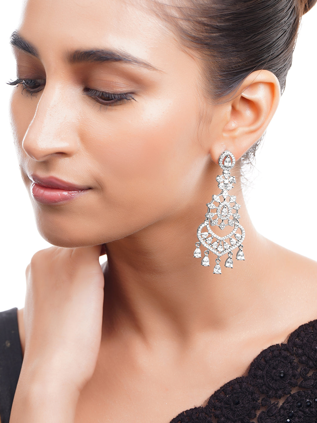 Rhodium Plated American Diamond Dangler Earrings