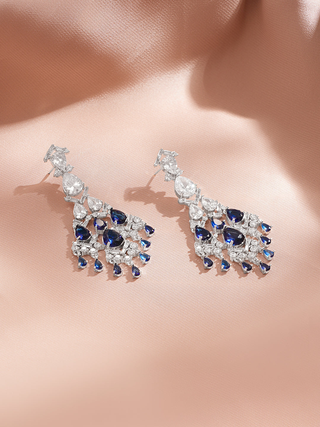 Rhodium Plated Tear Drop American Diamond Zirconia Blue & Silver Dangler Earrings