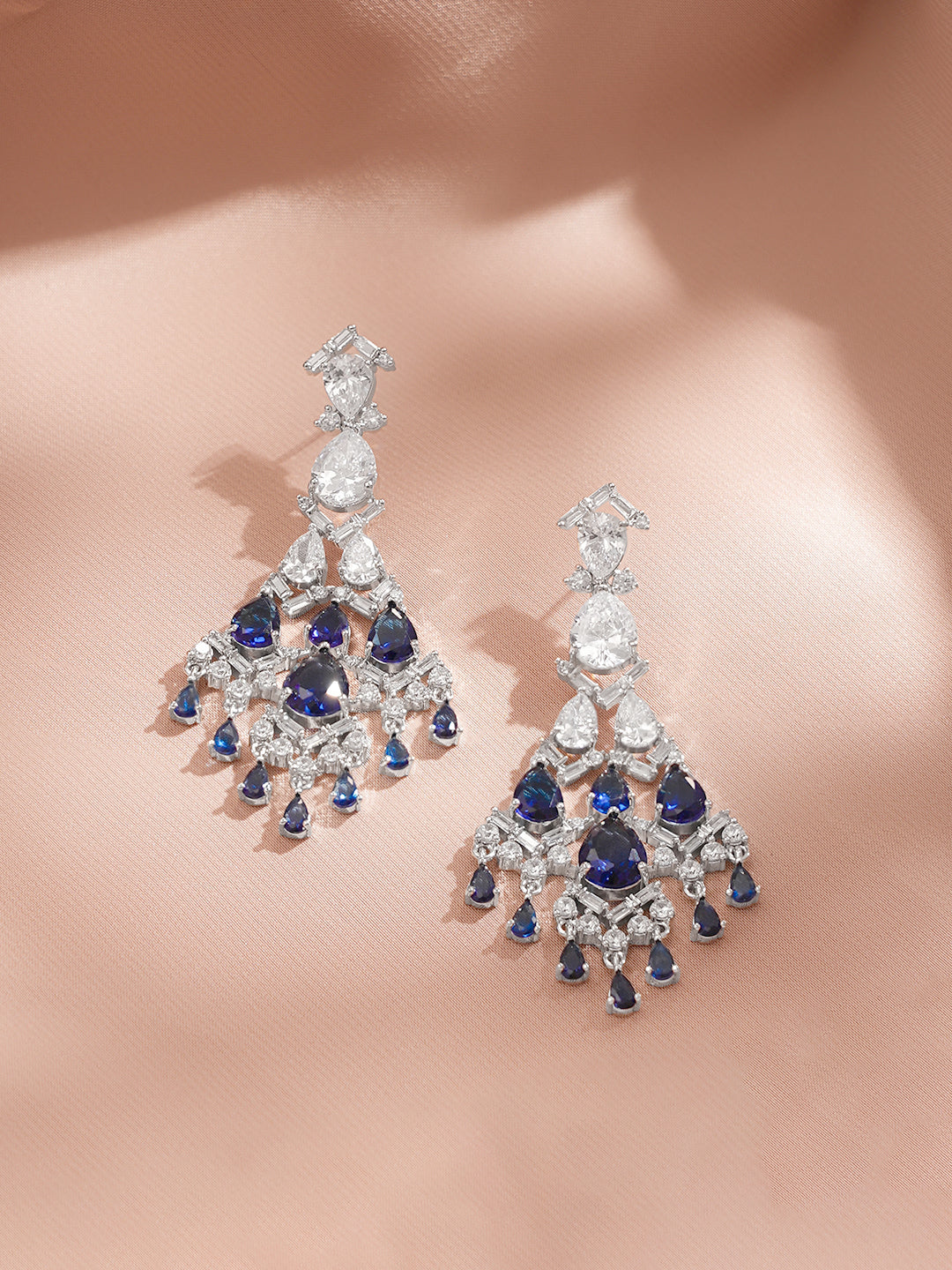 Rhodium Plated Tear Drop American Diamond Zirconia Blue & Silver Dangler Earrings