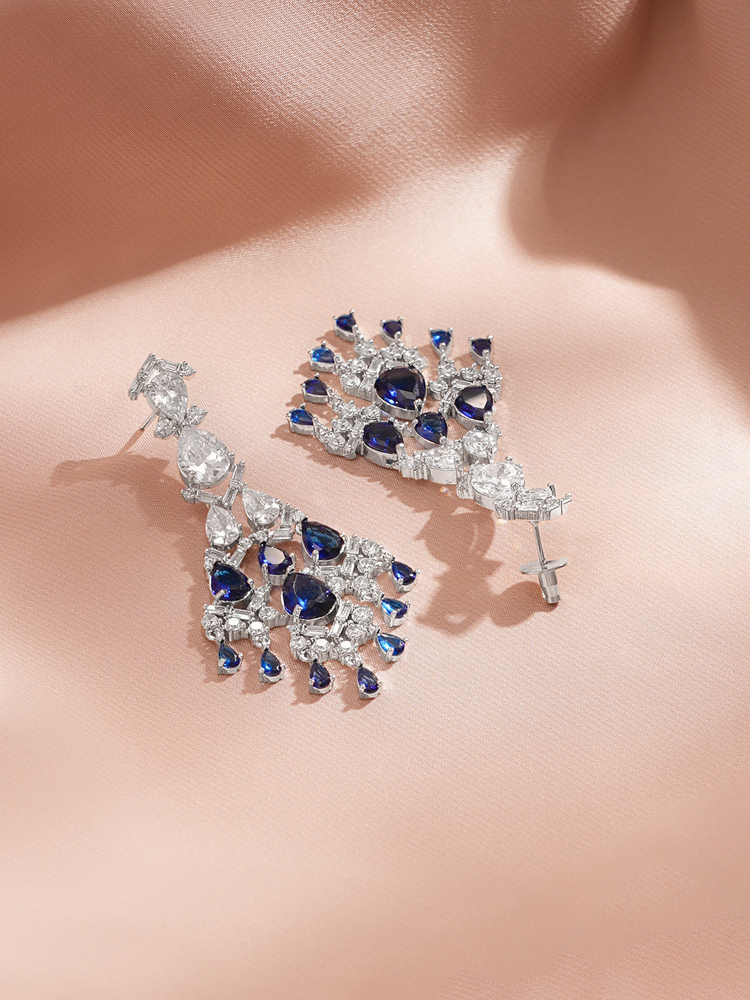 Rhodium Plated Tear Drop American Diamond Zirconia Blue & Silver Dangler Earrings