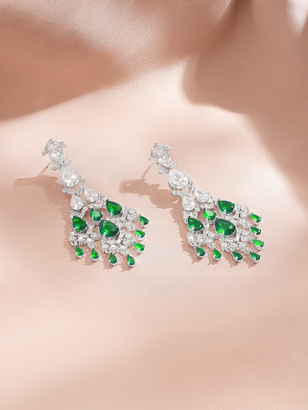 Rhodium Plated Tear Drop American Diamond Zirconia Green & Silver Dangler Earrings