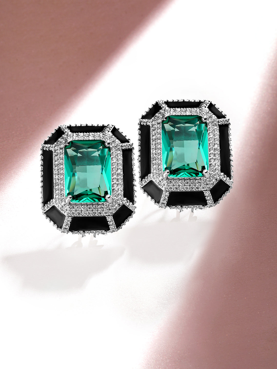 Rubans Premium Rhodium Plated Black enamel AAA Cubic Zirconia Aqua Blue Statement Stud Earrings