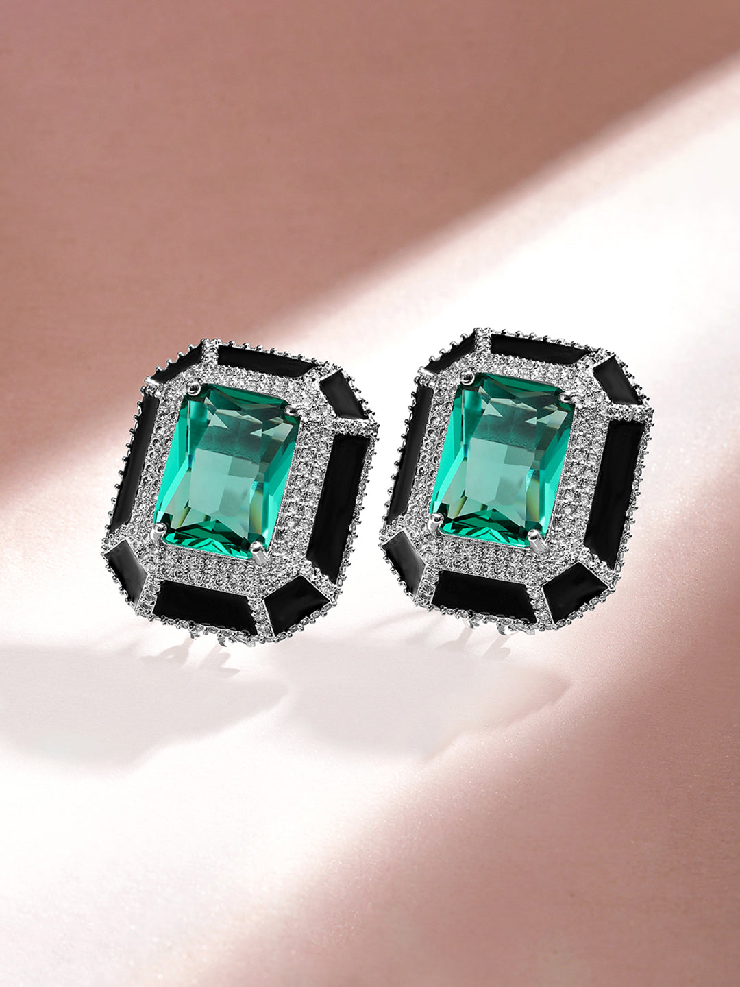 Rubans Premium Rhodium Plated Black enamel AAA Cubic Zirconia Aqua Blue Statement Stud Earrings