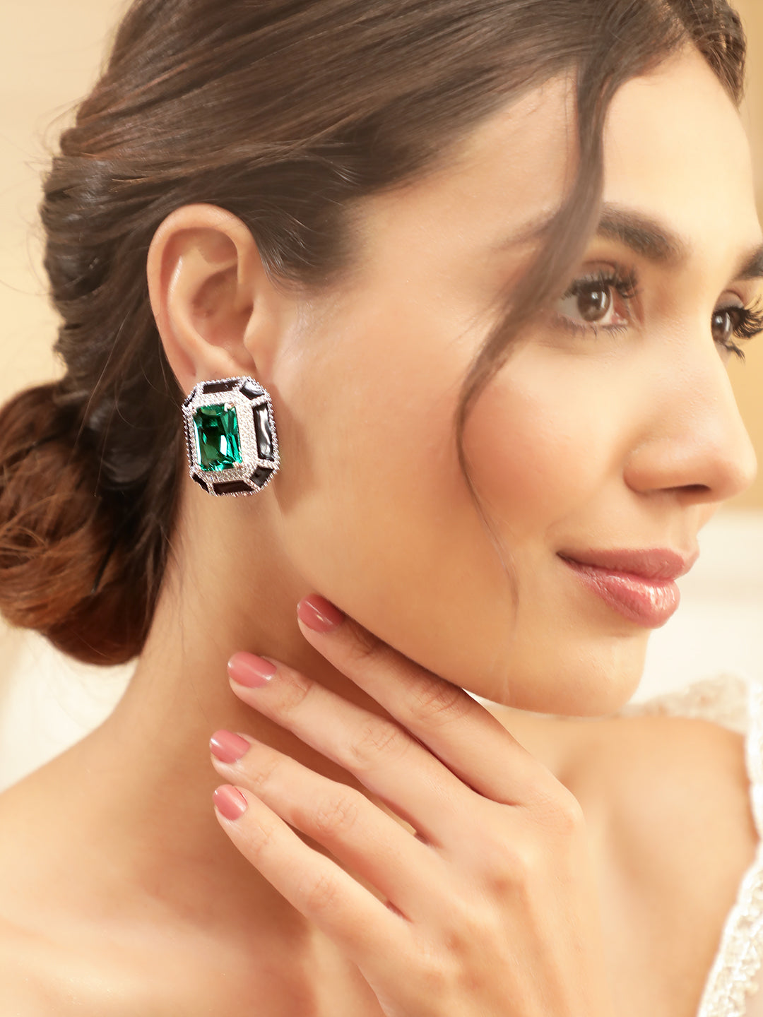 Rubans Premium Rhodium Plated Black enamel AAA Cubic Zirconia Aqua Blue Statement Stud Earrings