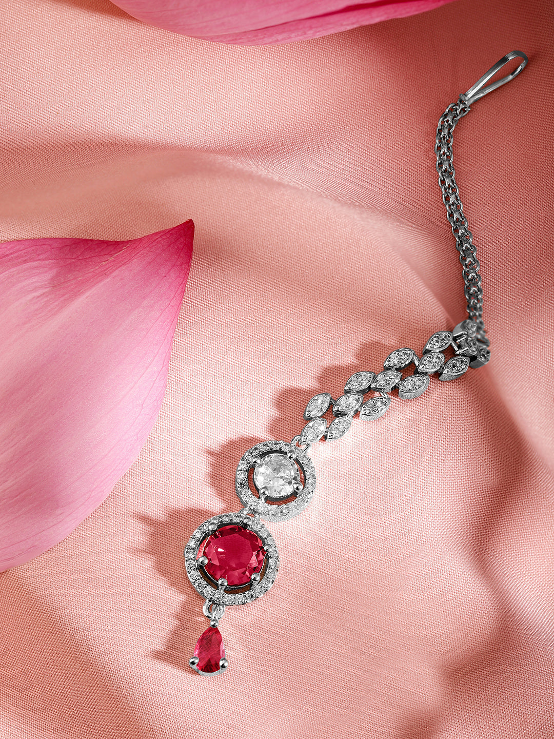 Rubans Rhodium Plated Red & White Cubic Zirconia Maang Tikka