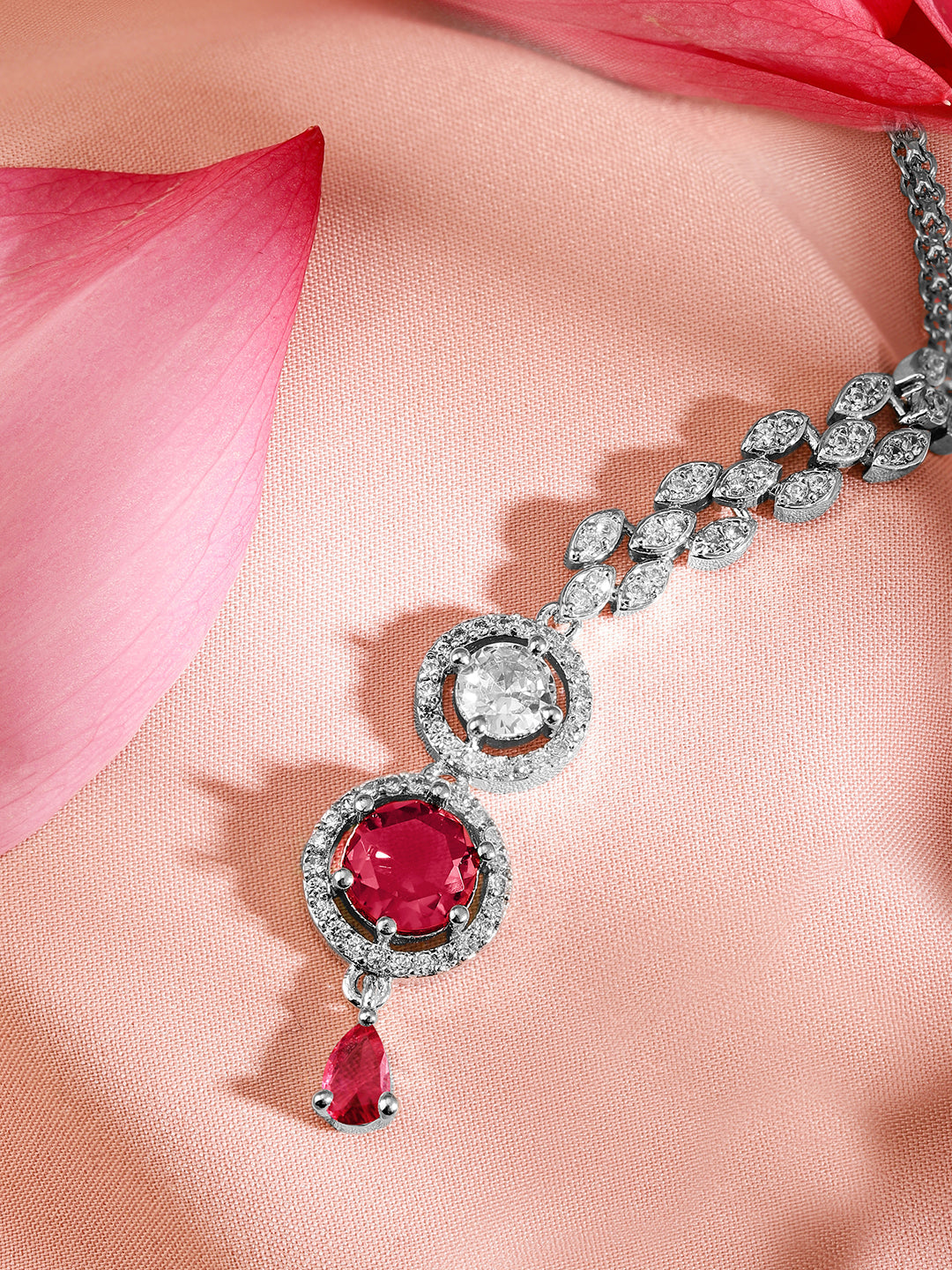 Rubans Rhodium Plated Red & White Cubic Zirconia Maang Tikka