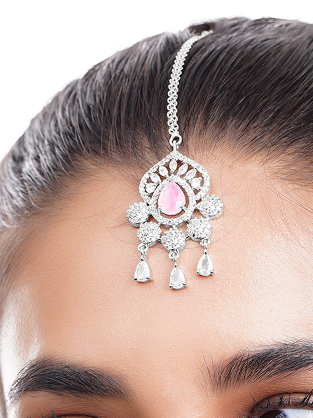 Rhodium Plated Pink Accent American Diamond Zirconia Maang Tikka