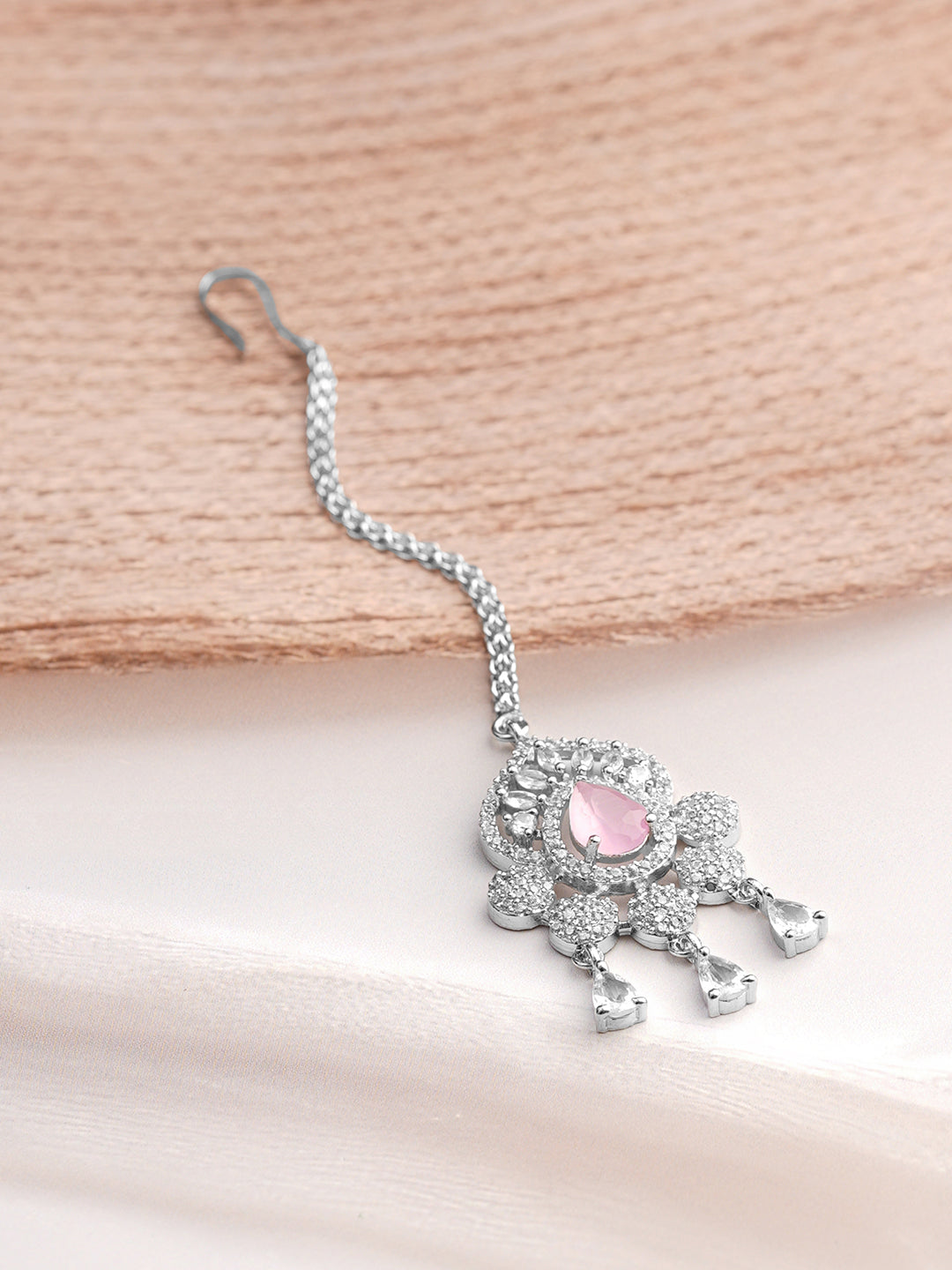Rhodium Plated Pink Accent American Diamond Zirconia Maang Tikka
