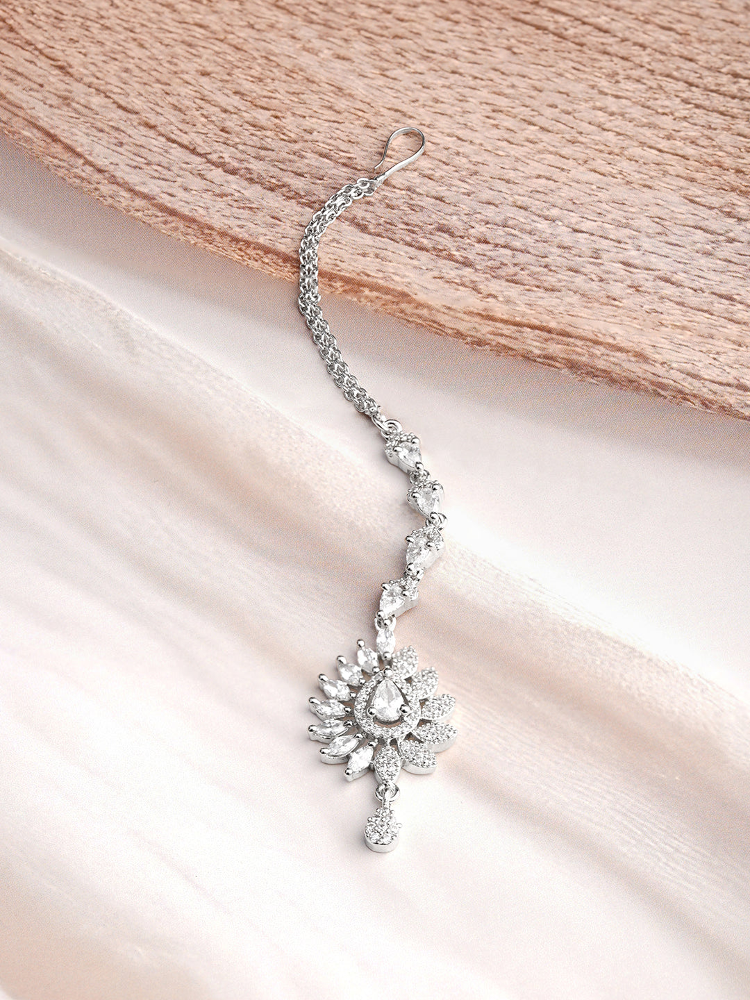 Rhodium Plated Floral Design American Diamond Zirconia Maang Tikka