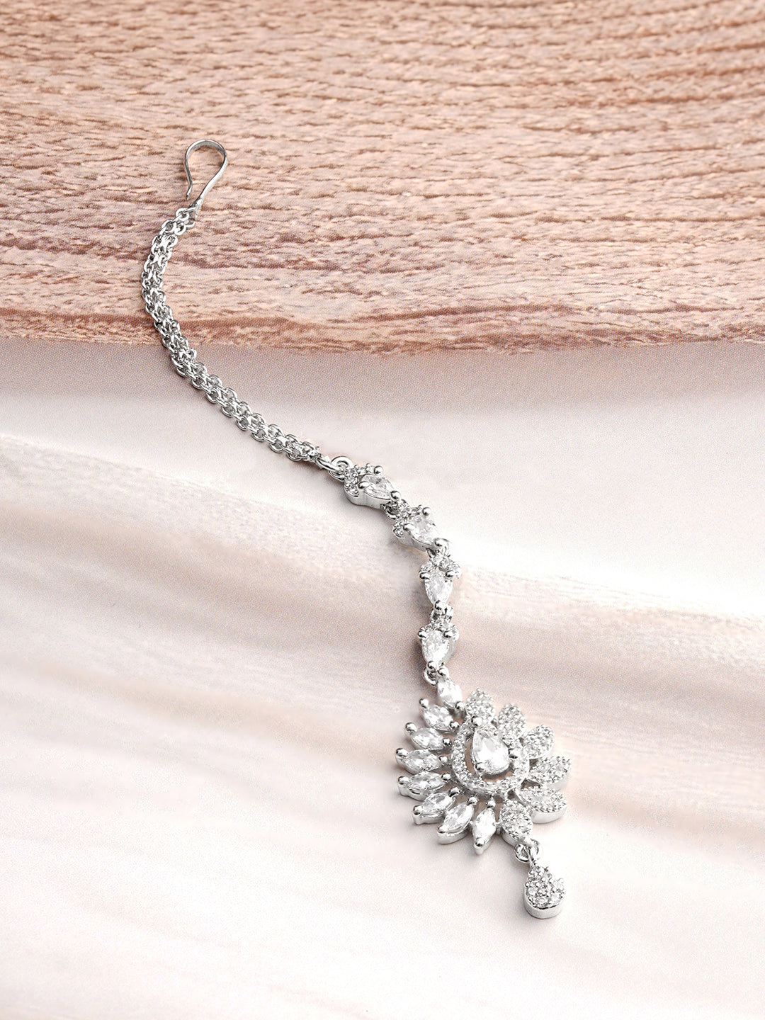 Rhodium Plated Floral Design American Diamond Zirconia Maang Tikka