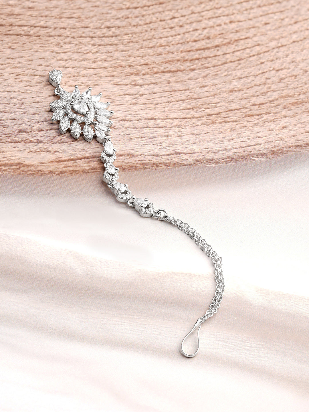 Rhodium Plated Floral Design American Diamond Zirconia Maang Tikka
