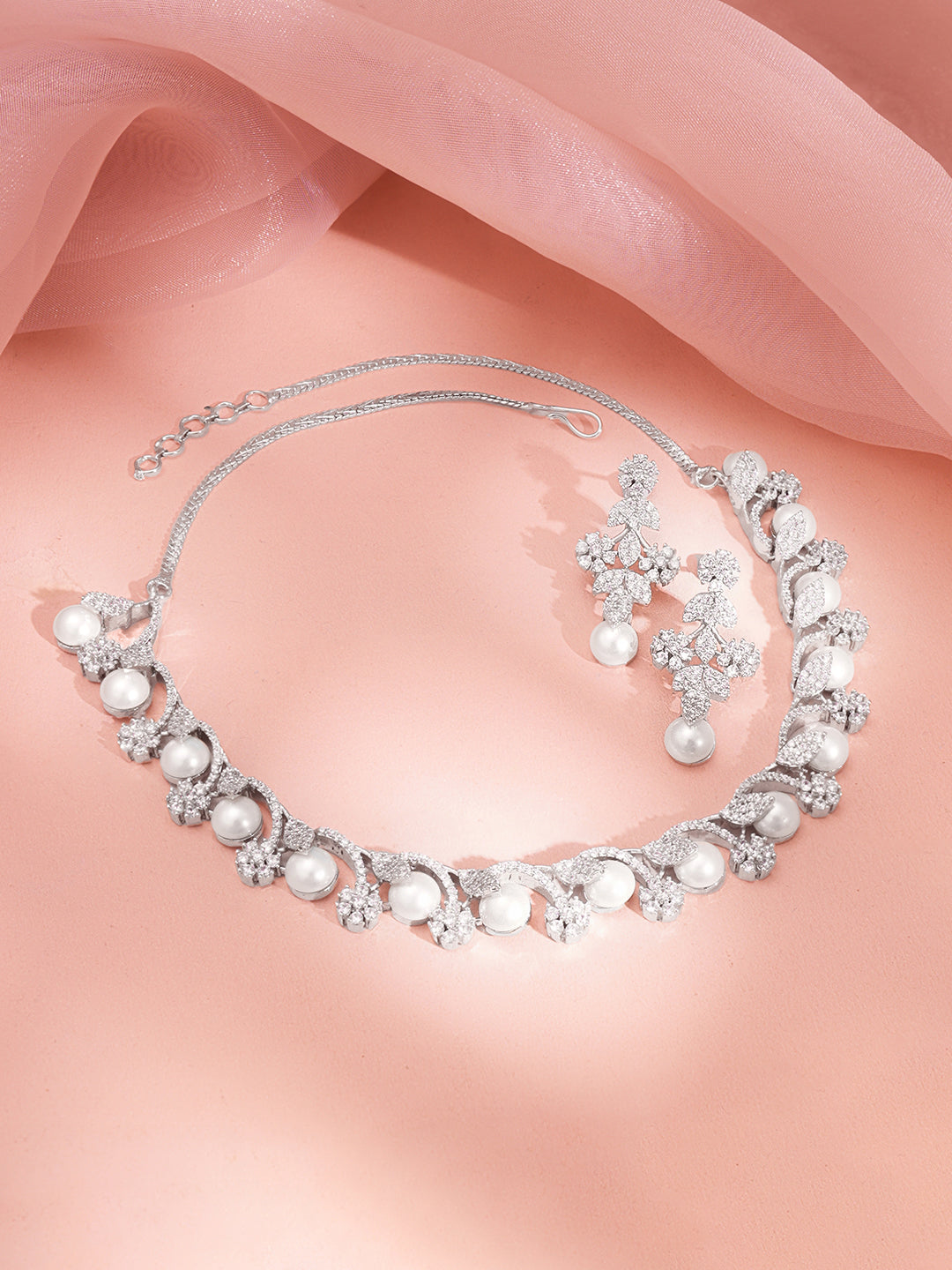 Women Rhodium Plated Cubic Zirconia Pearl Floral Necklace Set