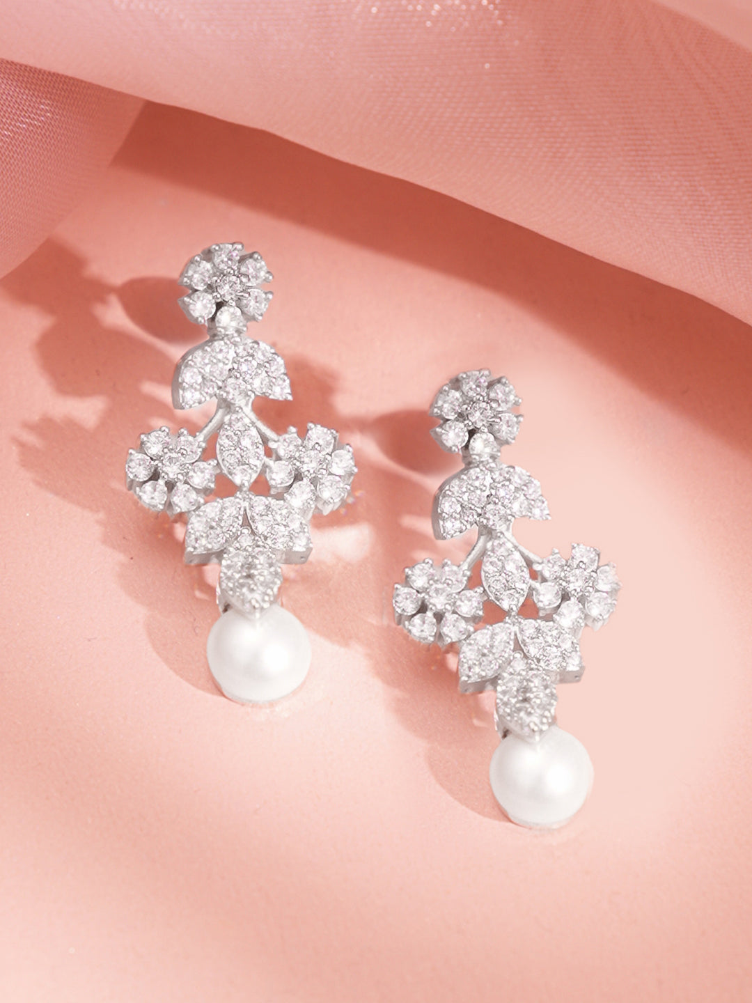 Women Rhodium Plated Cubic Zirconia Pearl Floral Necklace Set