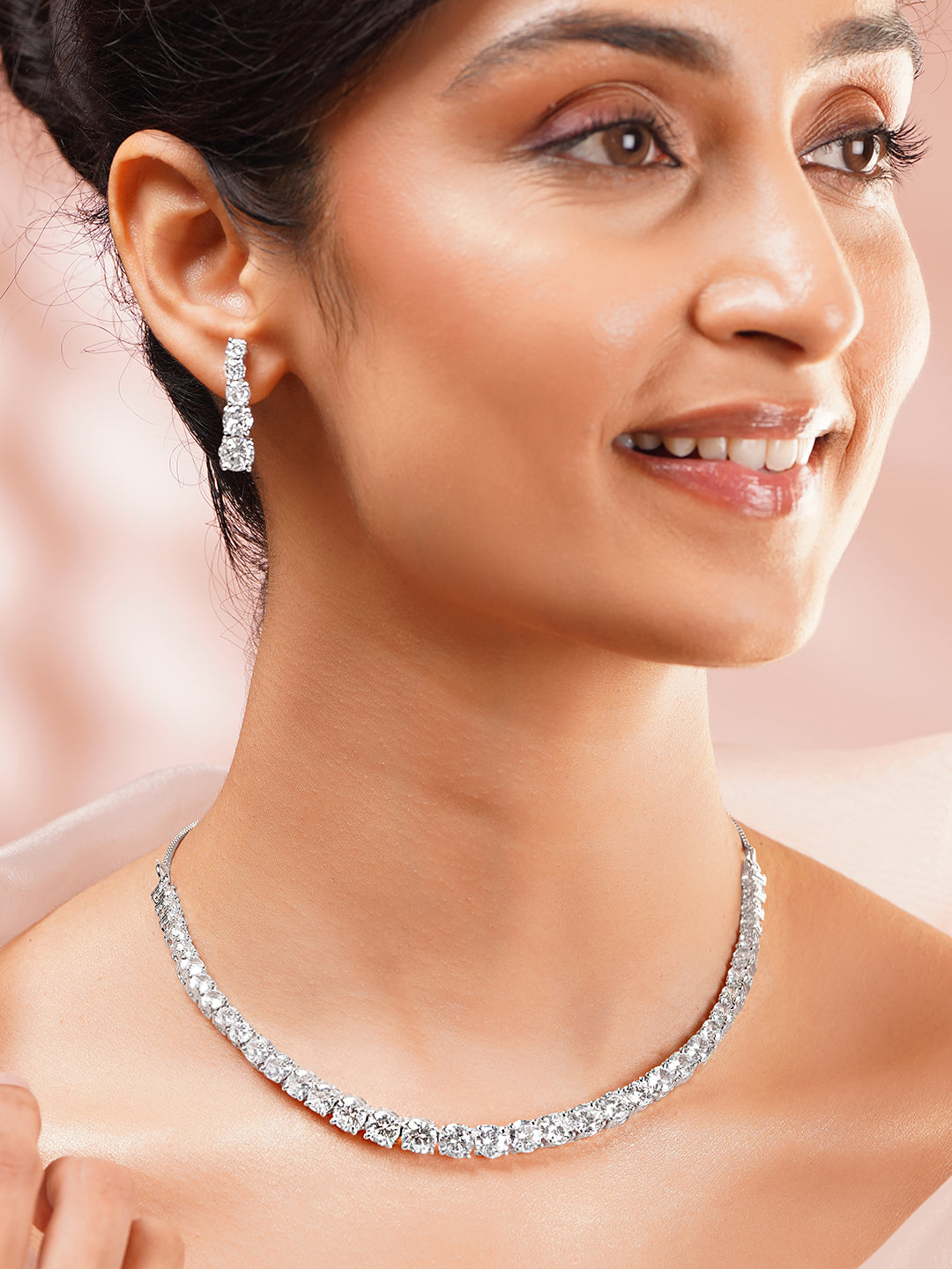 Rhodium Plated American Diamond Zirconia cubic link Necklace Set