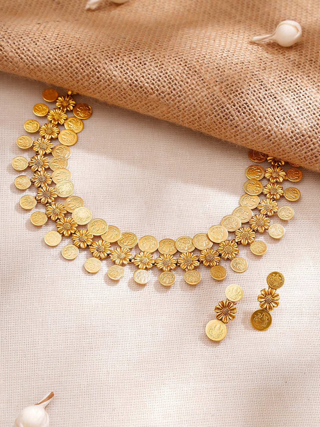 Gold Plated floral design coin drop Temple Choker Set