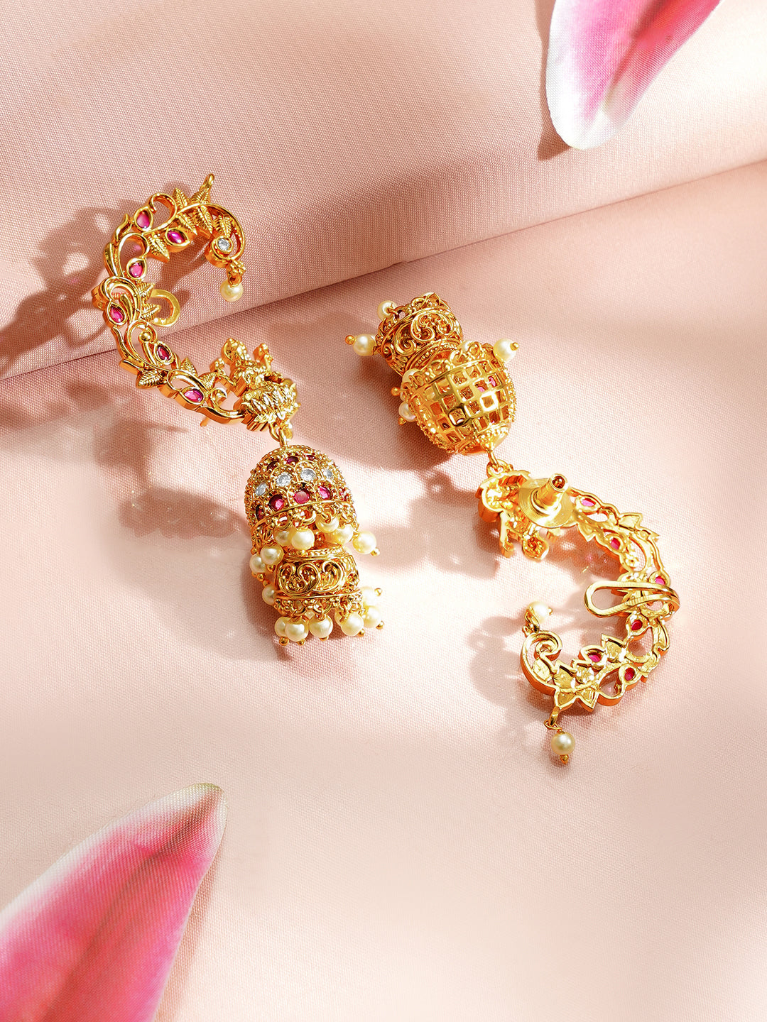 Gold Plated Laxmi Motif Pearl Drop American Diamond Zirconia Cuff Jhumka's