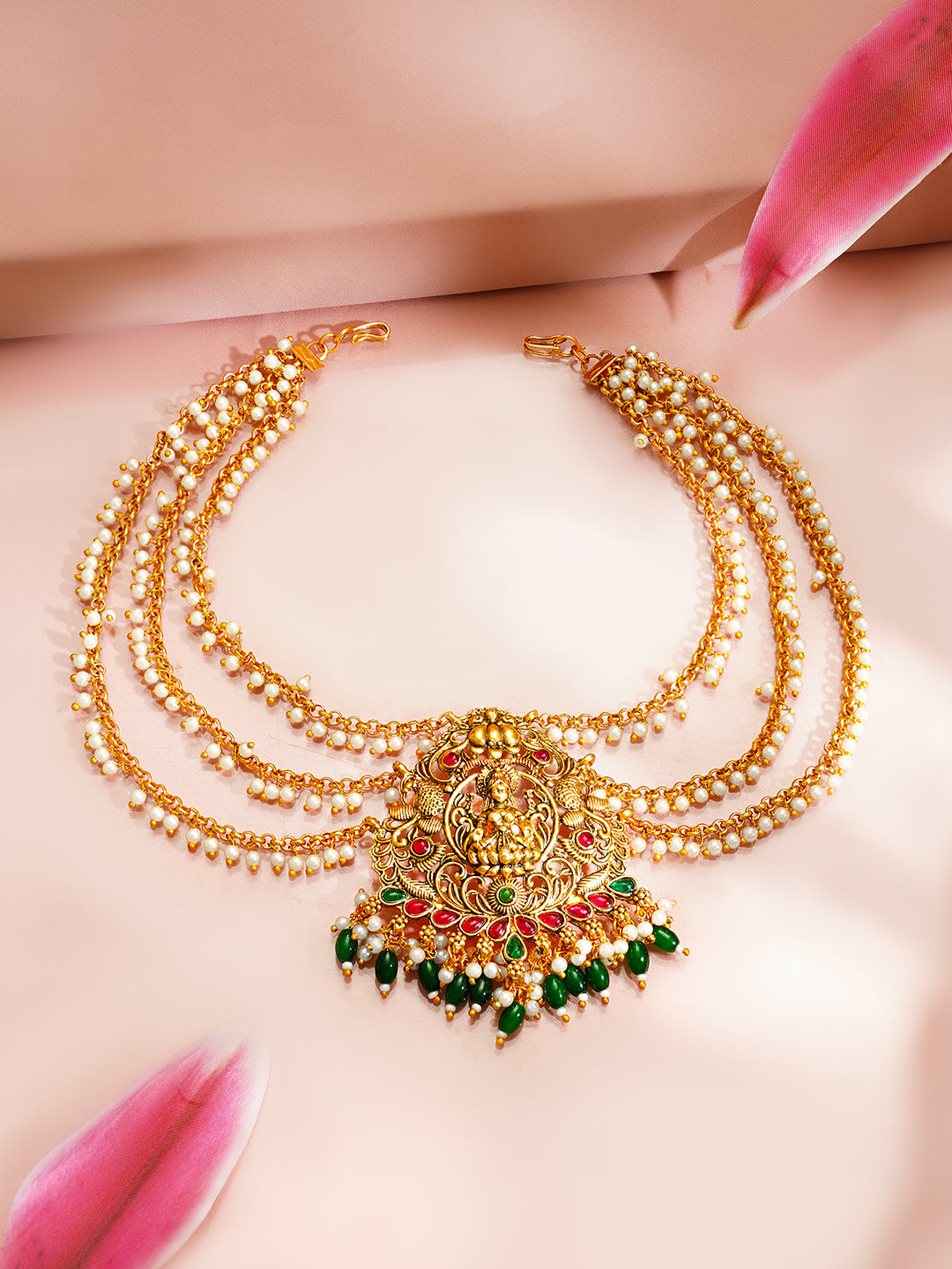 Gold Plated Divine Lakshmi Emerald Pearl Drop Hair Accessory