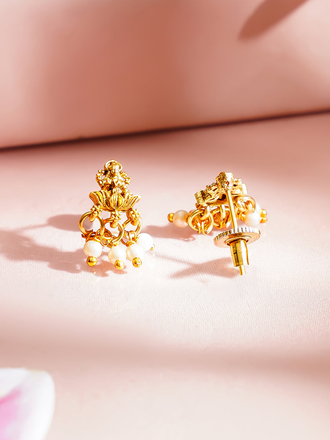 Gold Plated Pearl Drop Pink & Green Temple Necklace Set
