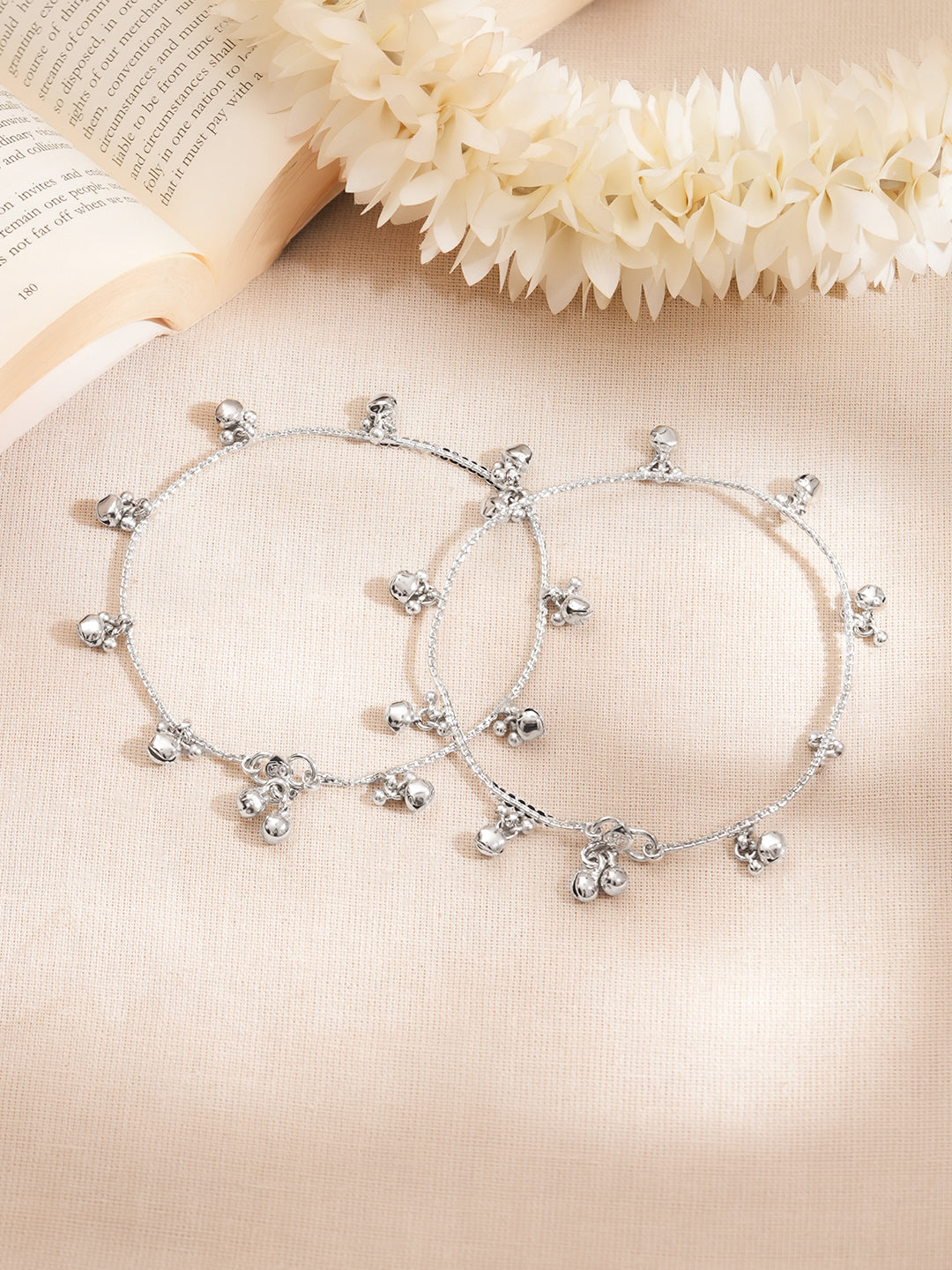Set of 2 Rhodium Plated Ghungroo Charm Anklets