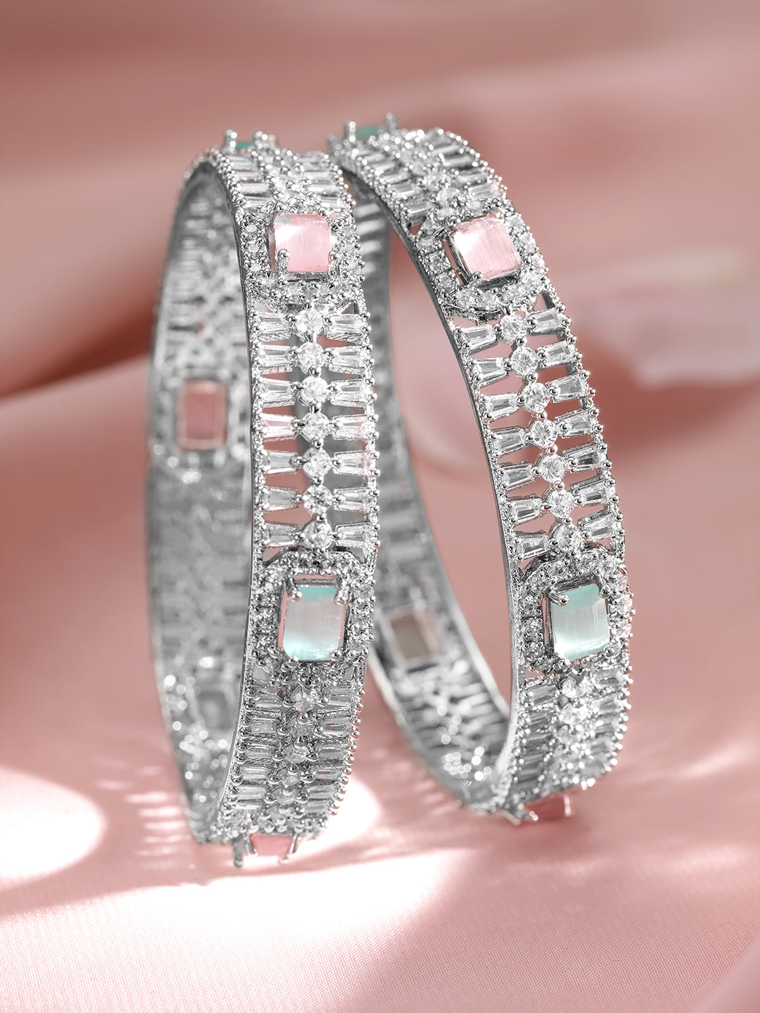 Set of 2 Rhodium-Plated Light Pink & Mint Green Gemstone CubicZirconia Studed Bangle