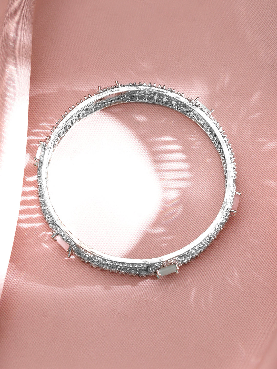 Set of 2 Rhodium-Plated Light Pink & Mint Green Gemstone CubicZirconia Studed Bangle