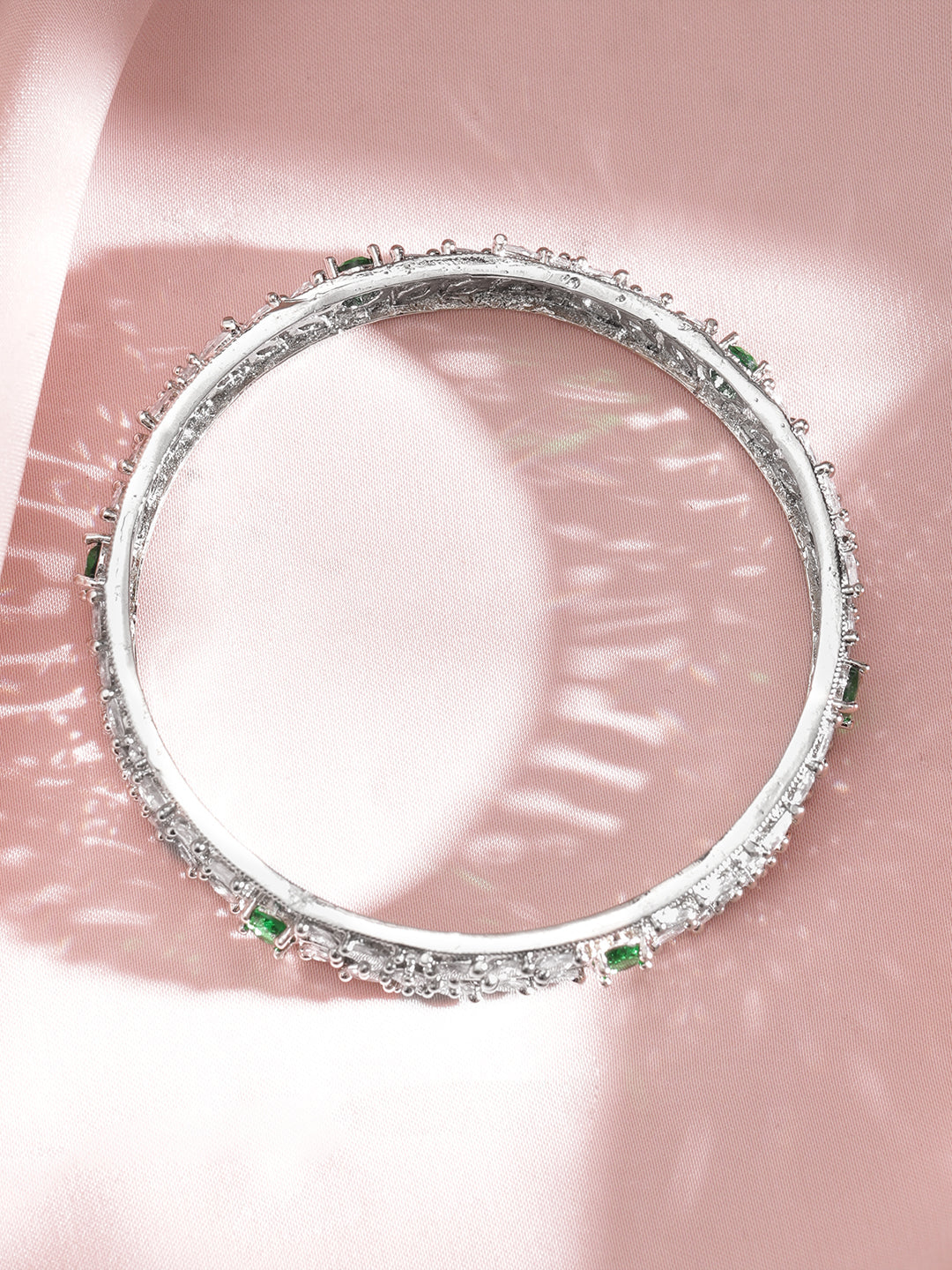 Set of 2 Rhodium-Plated Emerald Green Gemstone & Cubic Zirconia Studded Bangles
