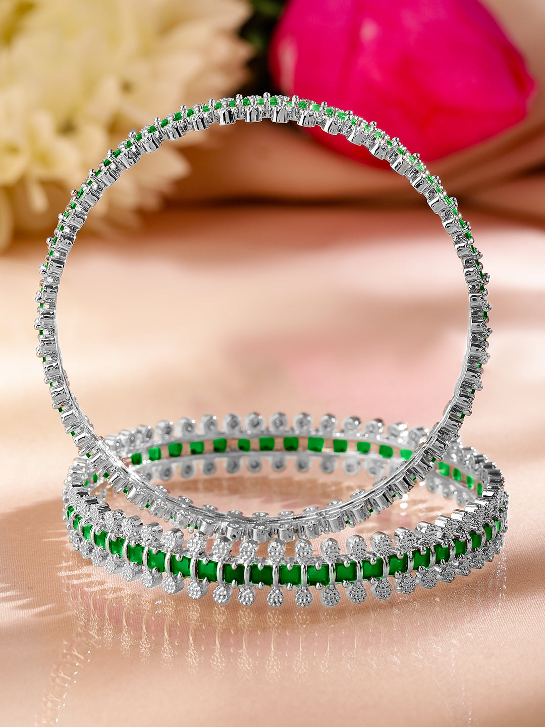 Rubans Set of 2 Rhodium-Plated Emerald Green & White Cubic Zirconia Studded Luxe Bangles