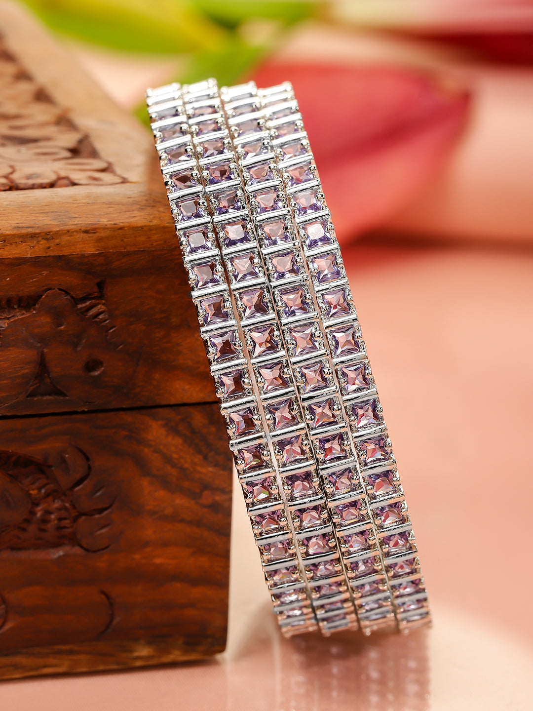 Rubans Set of 4 Rhodium-Plated Lavender Cubic Zirconia Studded Handcrafted Premium Bangles