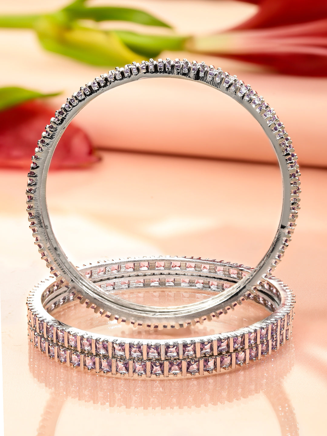 Rubans Set of 4 Rhodium-Plated Lavender Cubic Zirconia Studded Handcrafted Premium Bangles