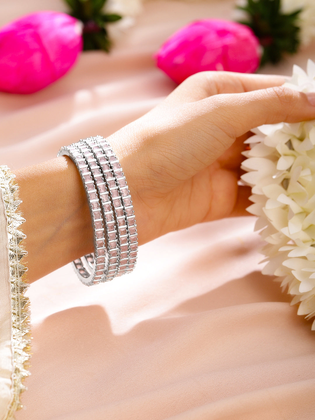 Rubans Set of 4 Rhodium-Plated Pastel Pink Cubic Zirconia Studded Handcrafted Premium Bangles for Women