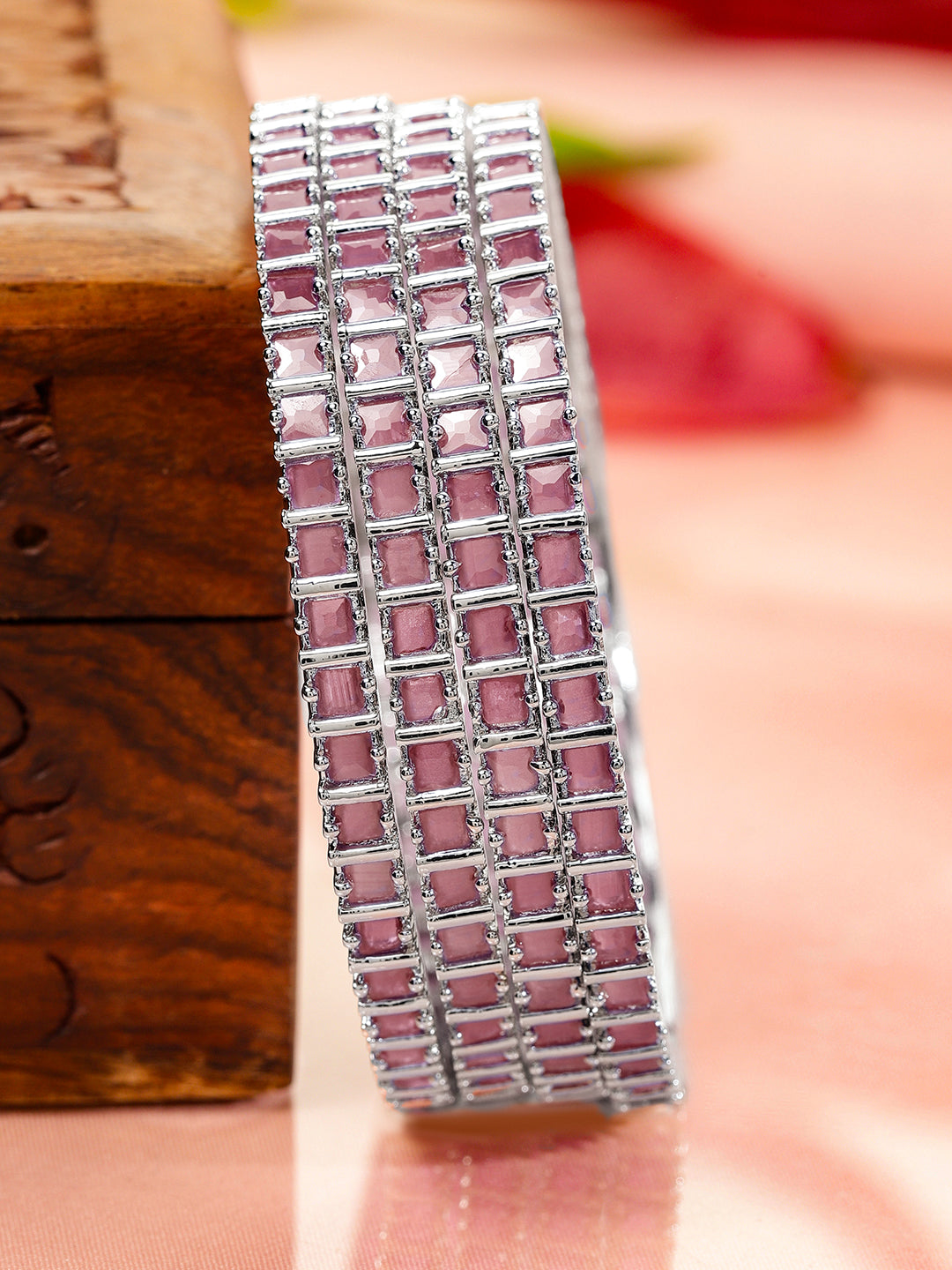 Rubans Set of 4 Rhodium-Plated Pastel Pink Cubic Zirconia Studded Handcrafted Premium Bangles for Women