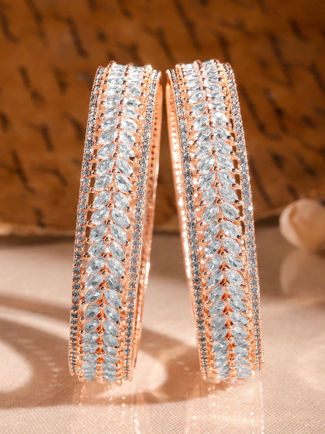 Rubans Set of 2 22K Rose Gold-Plated  White Cubic Zirconia Studded Leaf Motif Handcrafted Premium Bangles