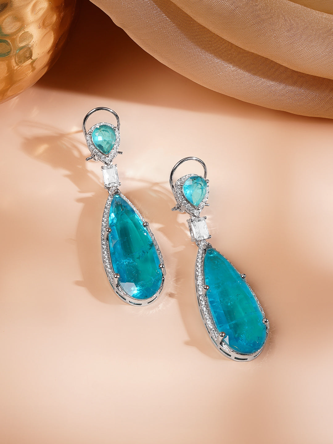 Rhodium Plated American Diamond Zirconia Blue Tear Drop Earrings