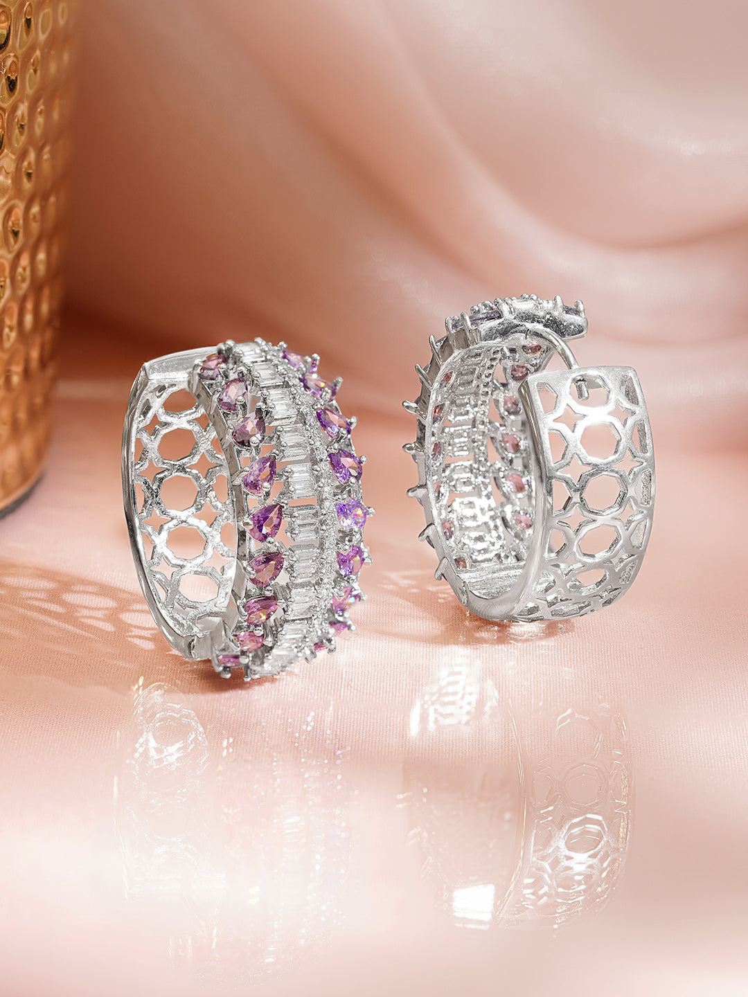 Rhodium Plated Crystal Zirconia Cutwork Hoop Earrings