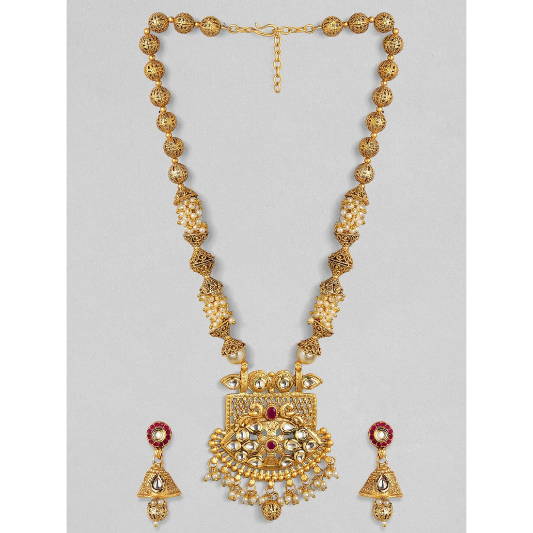 Rubans 24K Gold Plated Handcrafted White Kundan & Antique Gold Filigree Beads Necklace Set