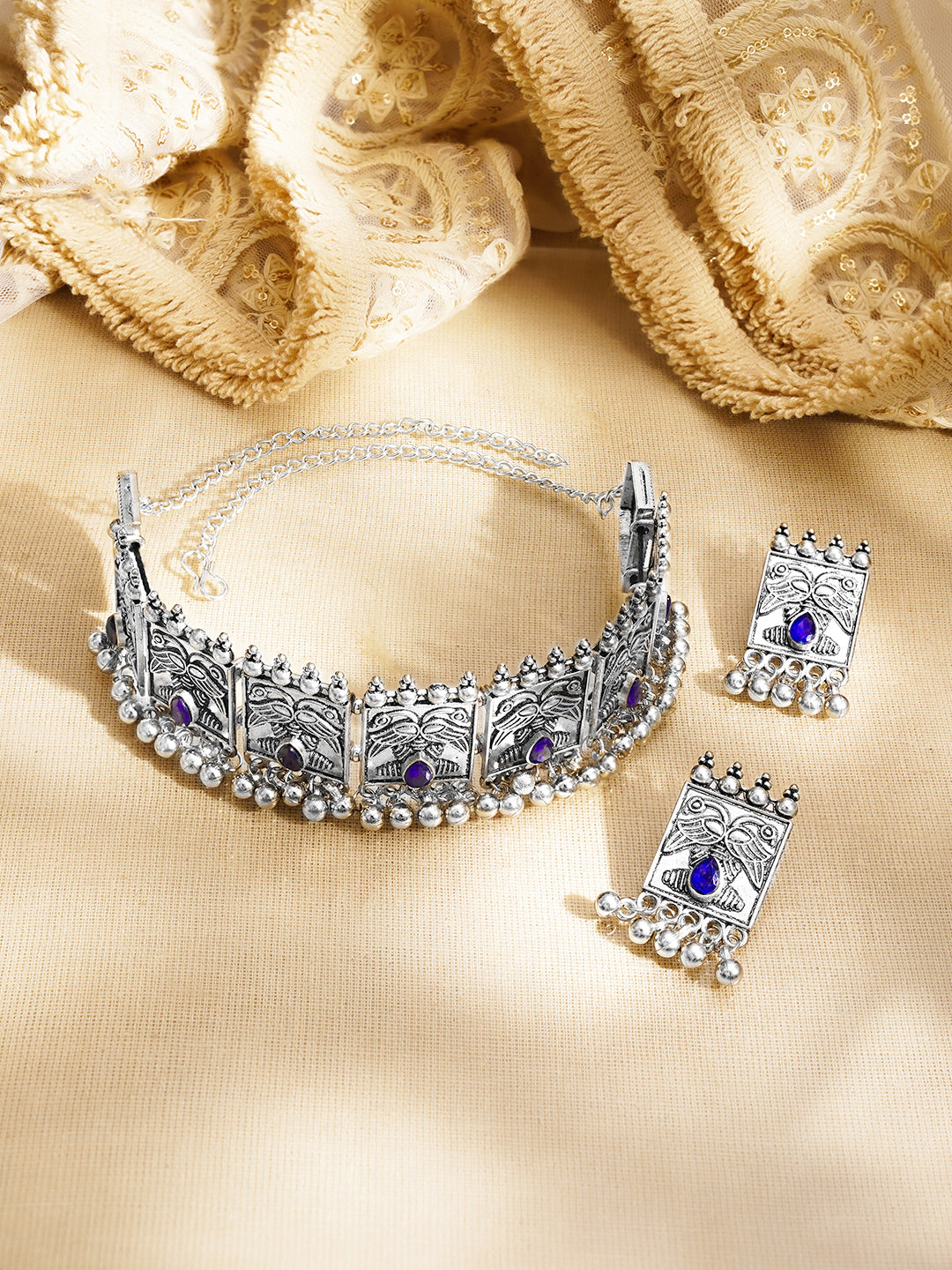 Oxidised Blue Crystal Tribal Choker Necklace Set