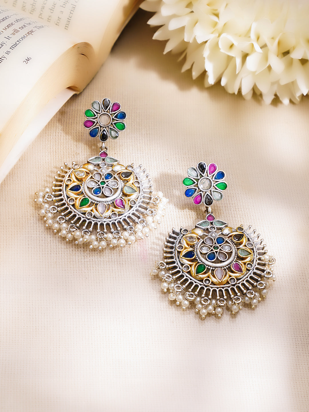Oxidised Multicolor Kundan Pearl Floral Chandbali Earrings